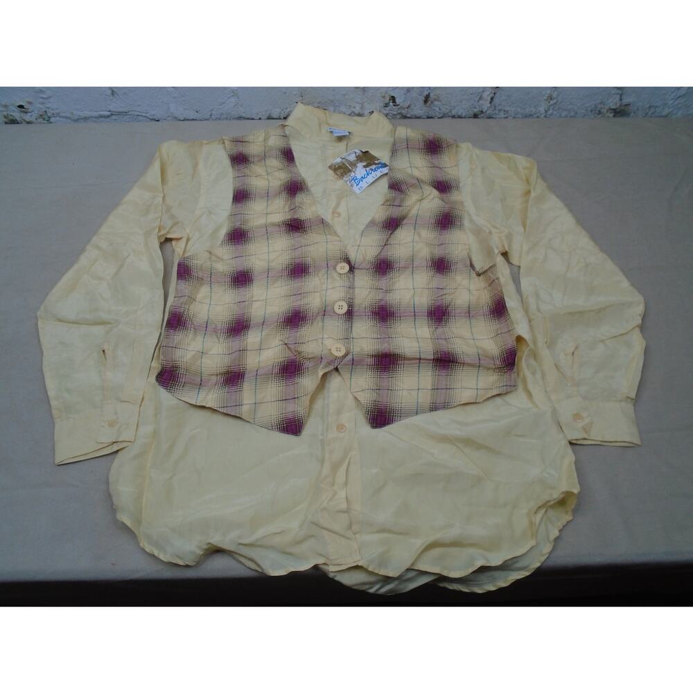 VINTAGE BACKROAD BLUES Womens Blouse Shirt Top Vest Silk Yellow Plaid M NWT!